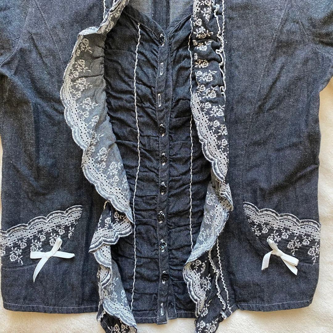 PINK HOUSE デニムトップス 重ね着風 フリル刺繍 リボン