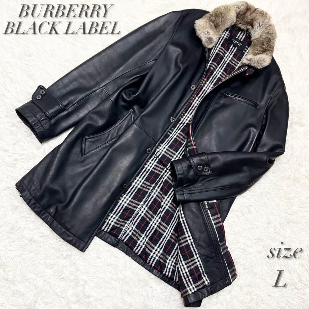 バーバリーブラックレーベル ラムレザー ラビットファー付 ハーフコート 羊革 L