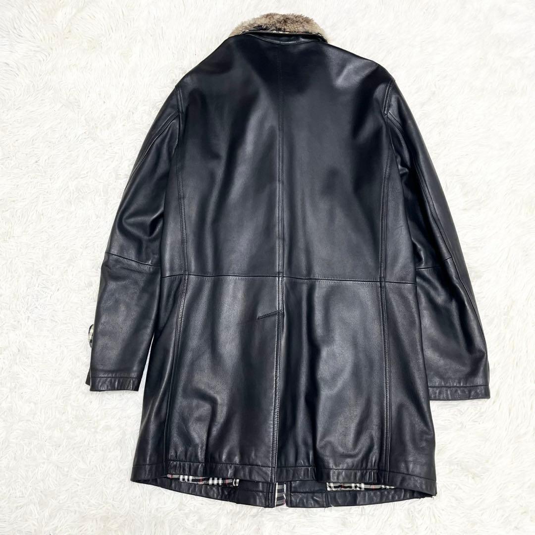 バーバリーブラックレーベル ラムレザー ラビットファー付 ハーフコート 羊革 L