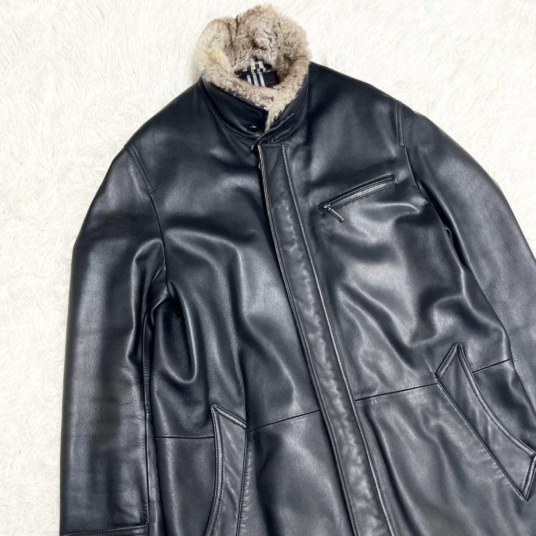 バーバリーブラックレーベル ラムレザー ラビットファー付 ハーフコート 羊革 L