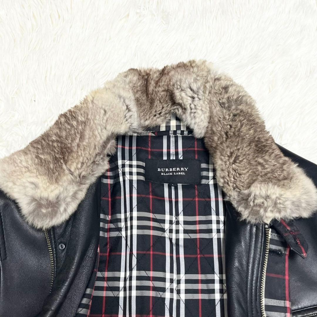 バーバリーブラックレーベル ラムレザー ラビットファー付 ハーフコート 羊革 L