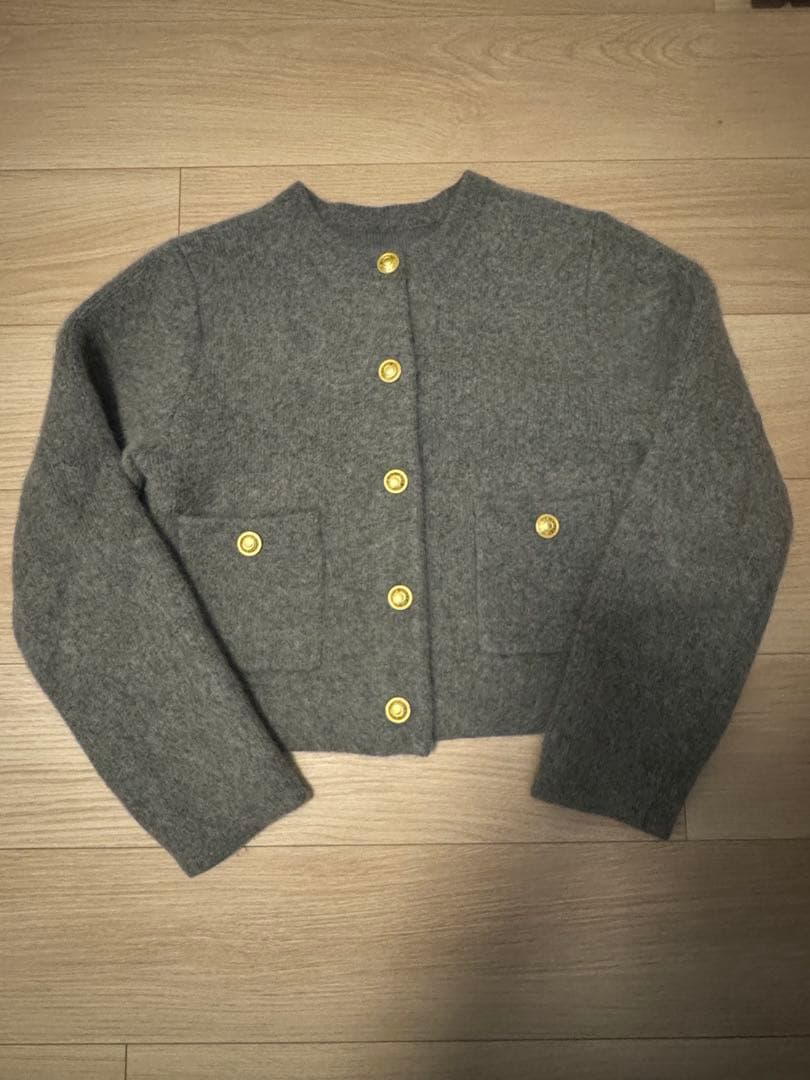 anuans ラクーンブレンドノーカラーニットジャケット　グレー