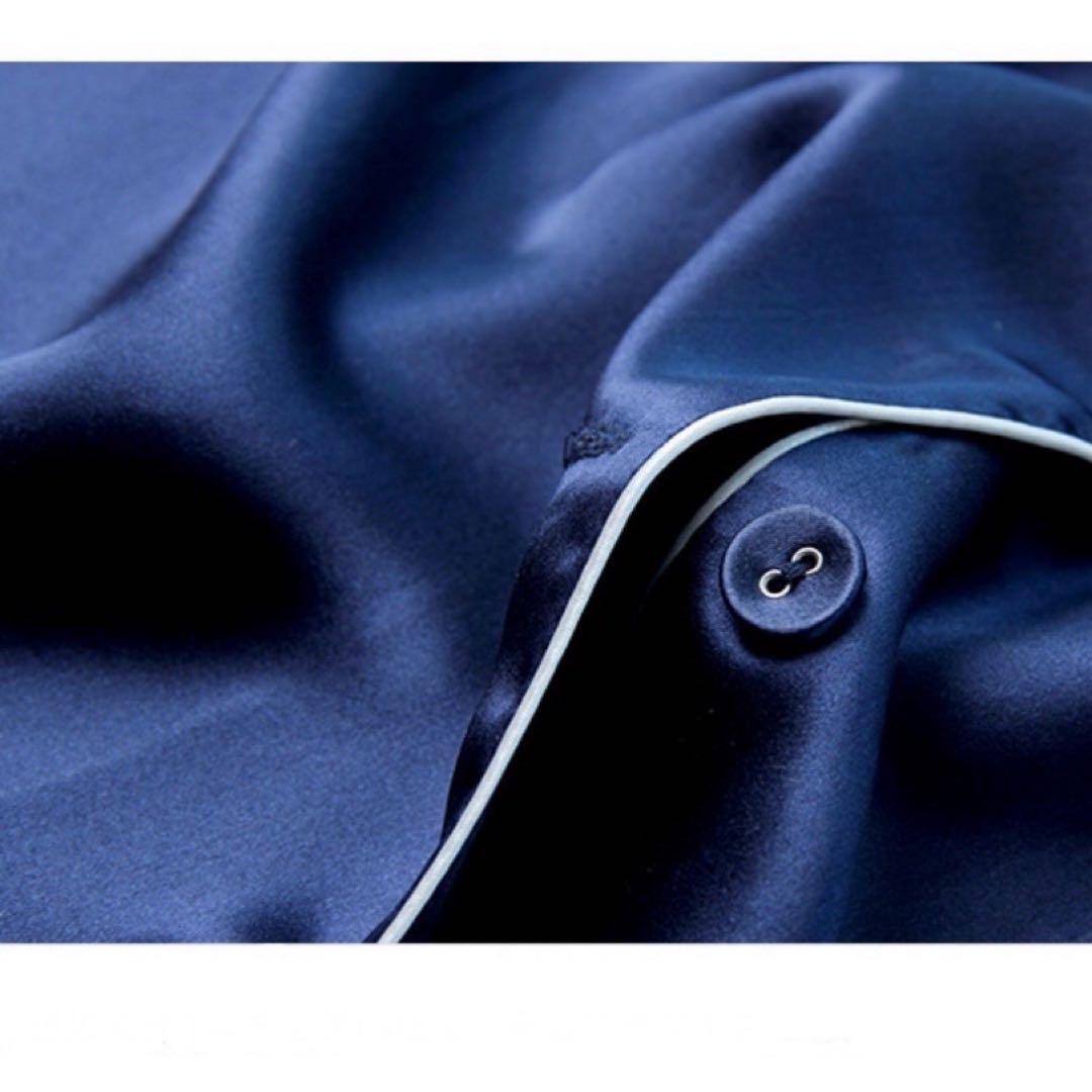 シルクパジャマ ネイビー&シャンパンピンク　絹100% XL 上下セット