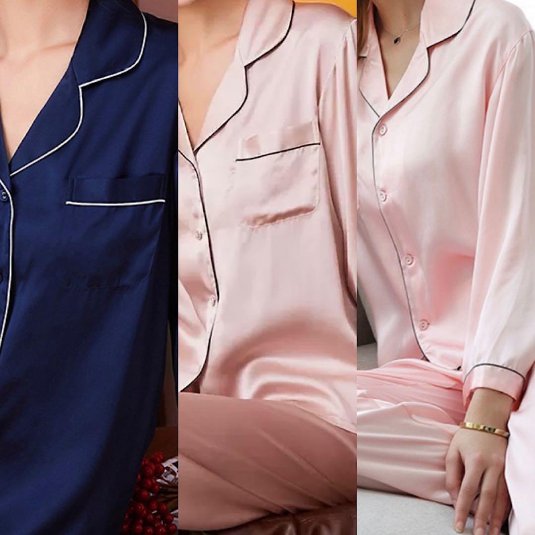 シルクパジャマ ネイビー&シャンパンピンク　絹100% XL 上下セット