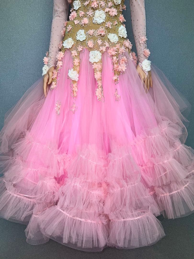 社交ダンスドレス　（新品) モダン　スタンダード　ラテン　ピンク　M〜 L