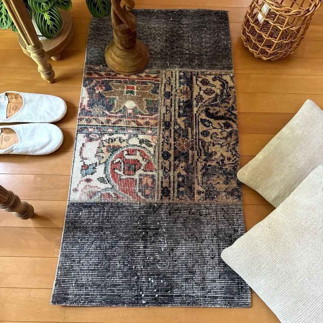 49×100 グレイ×ボタニカル　大人パッチワーク　トルコヴィンテージラグ