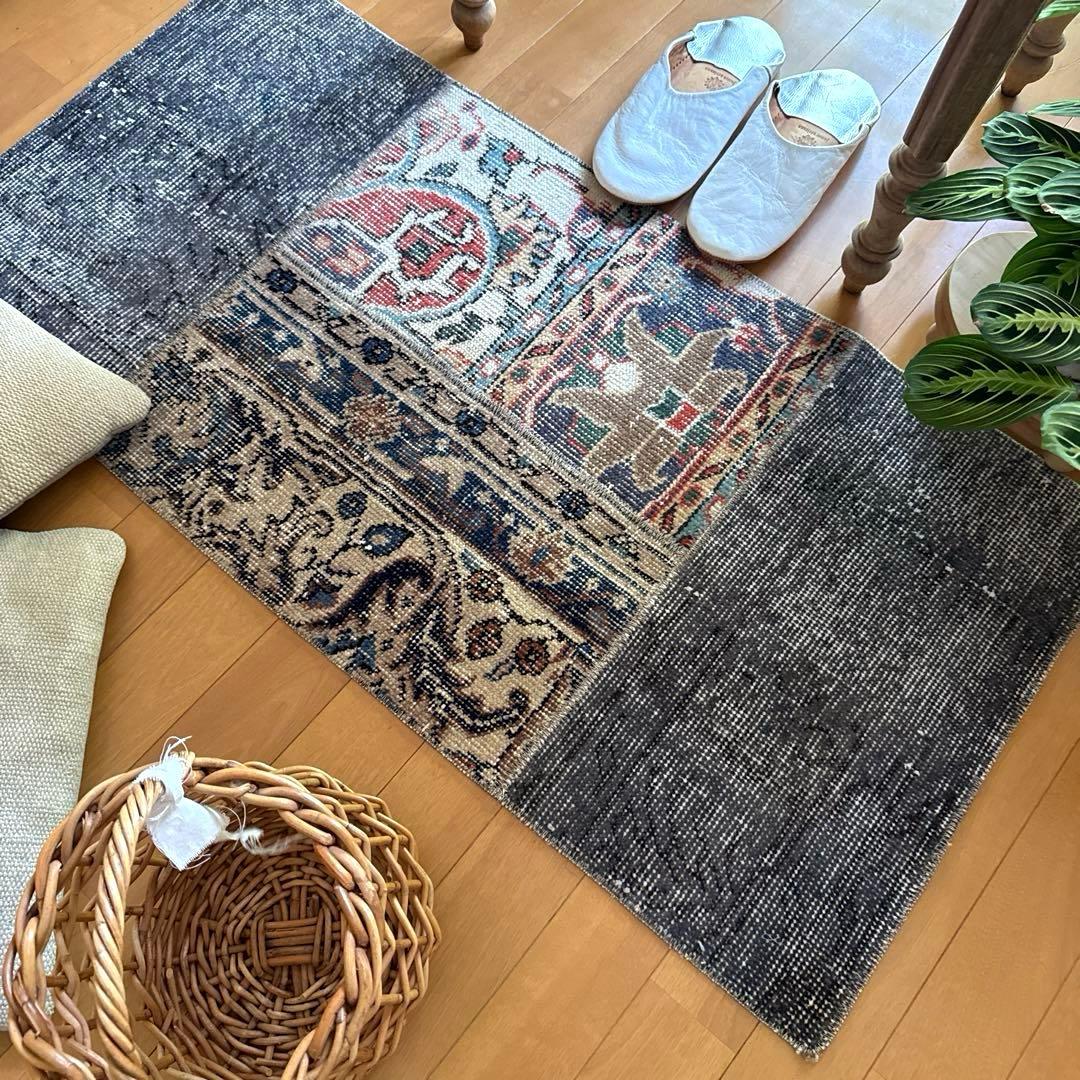 49×100 グレイ×ボタニカル　大人パッチワーク　トルコヴィンテージラグ