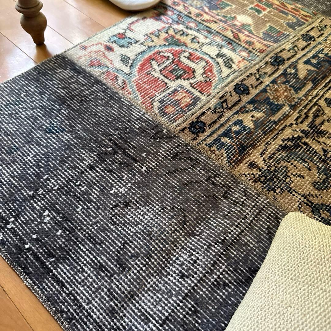 49×100 グレイ×ボタニカル　大人パッチワーク　トルコヴィンテージラグ