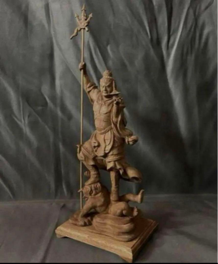 仏教工芸品　総楠製　井波彫刻　極上彫　木彫仏像　毘沙門天立像