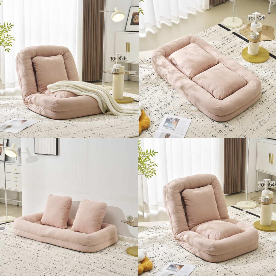 3WAYソファーベッド 枕付き可愛い座椅子 6段階リクライニング折りたたみ式