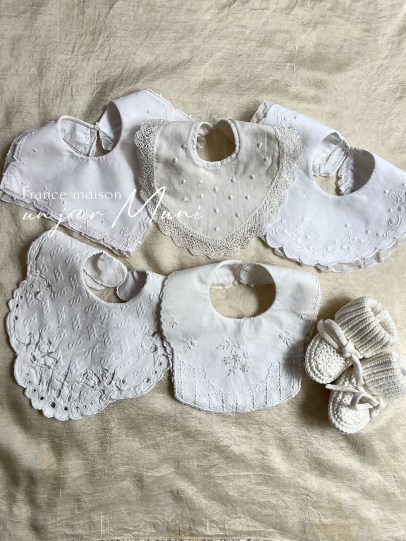 ◆SALE◆フランスアンティーク｜手作りスタイ5枚レース刺繍ドールテディベア