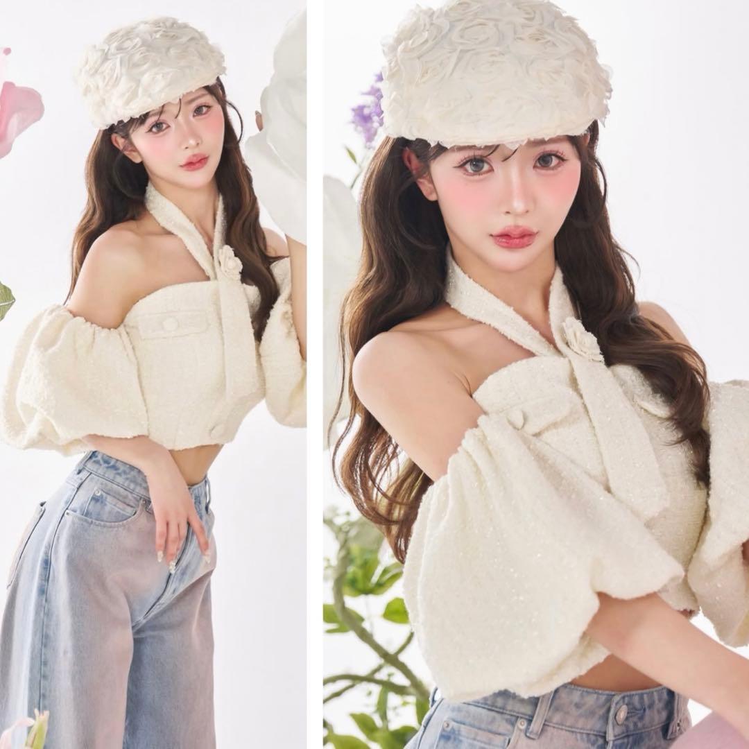 Darich♡ホルターネックオフショルツイードトップス　　WHT