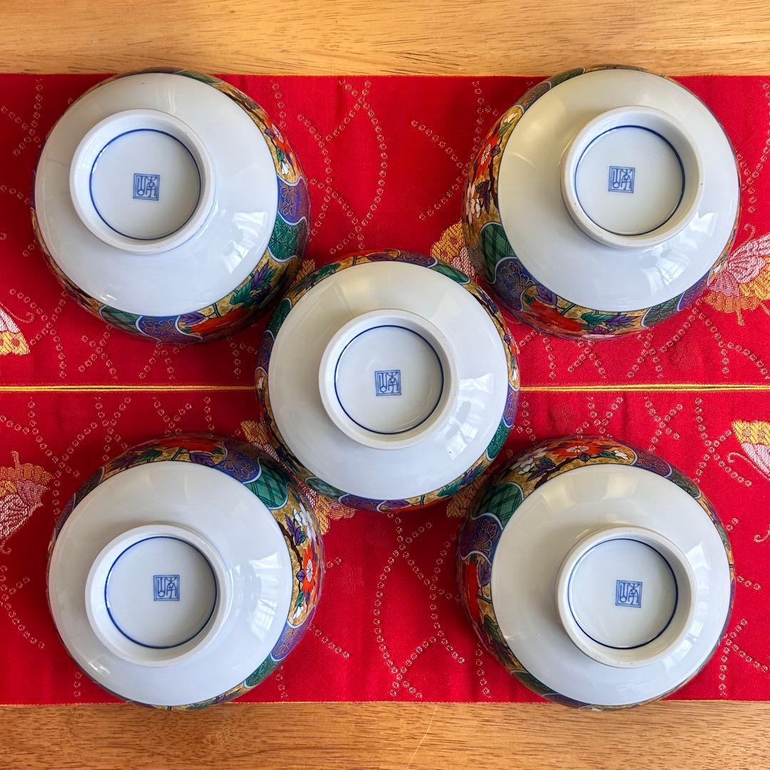 【未使用品】有田焼　金彩古伊万里　南山窯　花祥瑞　蓋付き丼ぶり５客　多様丼　腕揃