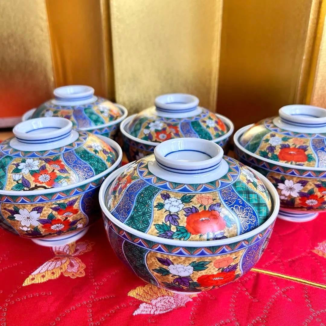 【未使用品】有田焼　金彩古伊万里　南山窯　花祥瑞　蓋付き丼ぶり５客　多様丼　腕揃