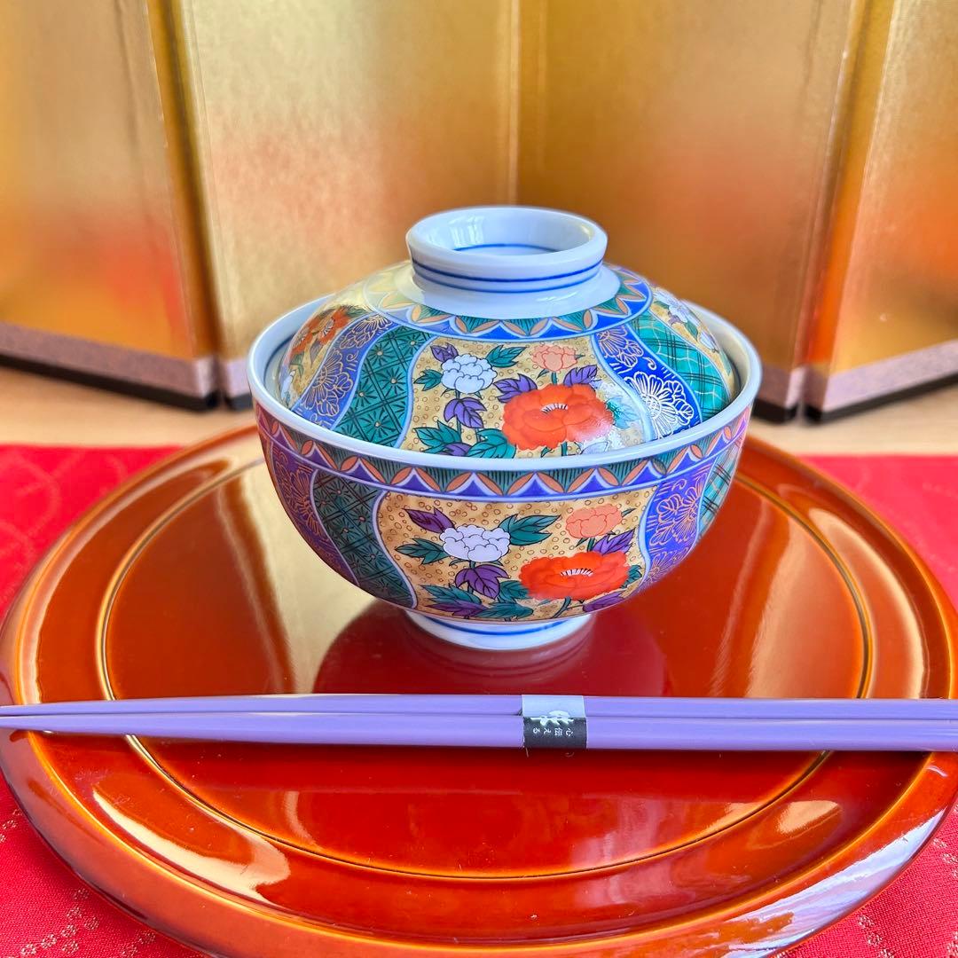 【未使用品】有田焼　金彩古伊万里　南山窯　花祥瑞　蓋付き丼ぶり５客　多様丼　腕揃