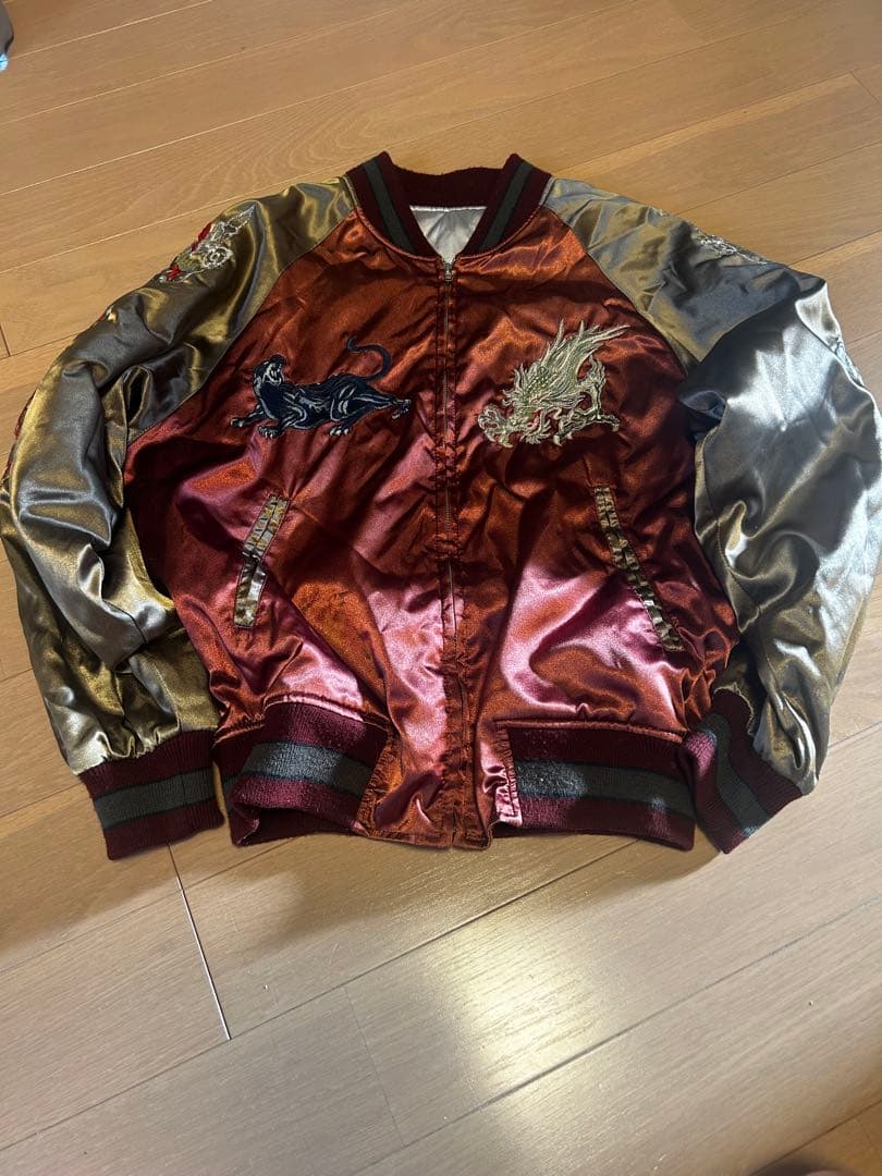 スカジャン 赤と金 ドラゴン虎刺繍