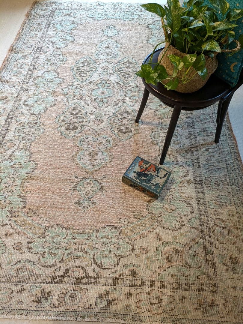 大判163×258 シャビーサーモン×エメラルドグリーン　トルコヴィンテージラグ