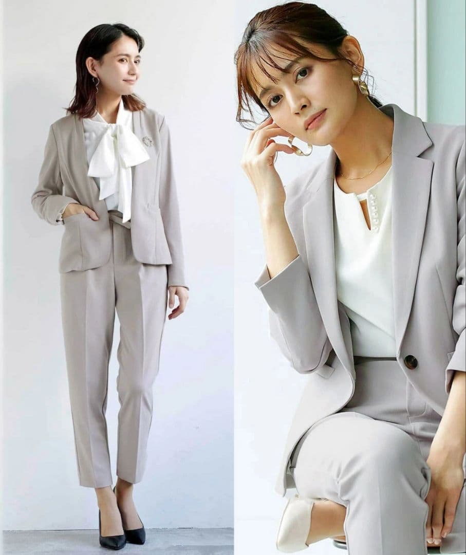 洗えて動けるワーママスーツ!!ノーカラージャケット+テーパードパンツLグレージュ