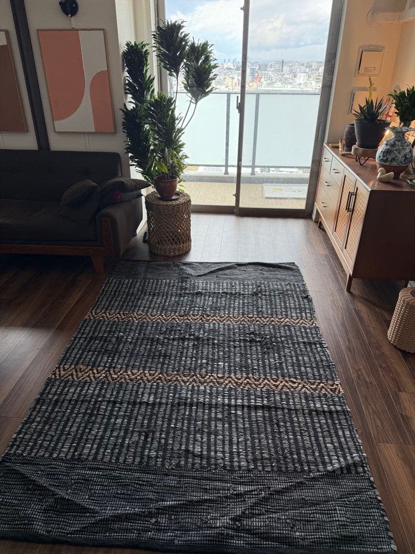 レザーラグ205×140テクスチャー幾何学模様ラグ