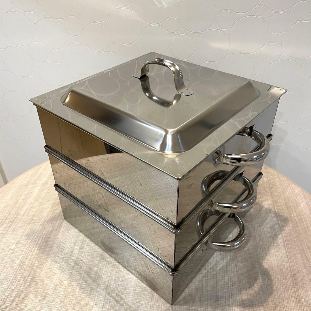 【業務用】ステンレス 角蒸し器 せいろ 三段 蓋付き 大容量　40㎝