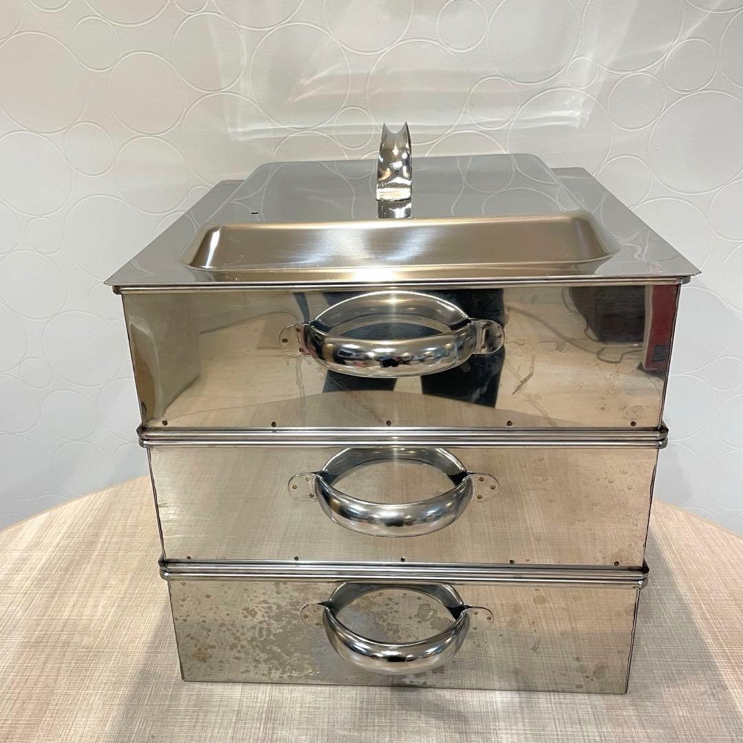 【業務用】ステンレス 角蒸し器 せいろ 三段 蓋付き 大容量　40㎝