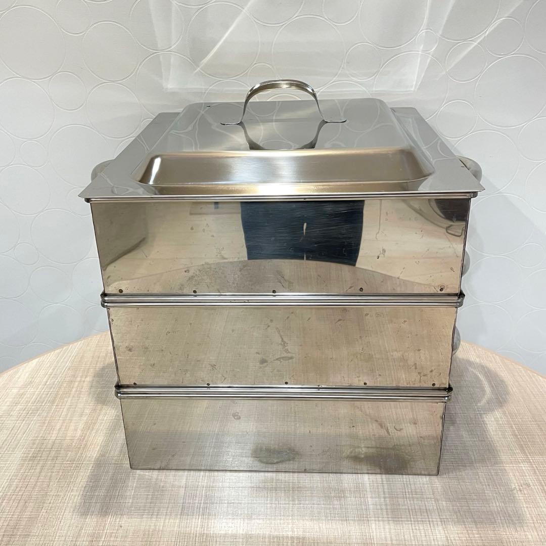 【業務用】ステンレス 角蒸し器 せいろ 三段 蓋付き 大容量　40㎝