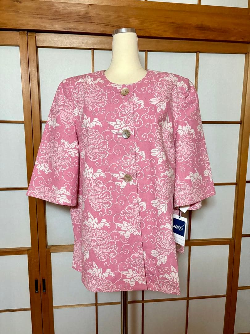 【未使用】坂東京子 和柄 フリーサイズ 柄 ピンクジャケット 半袖