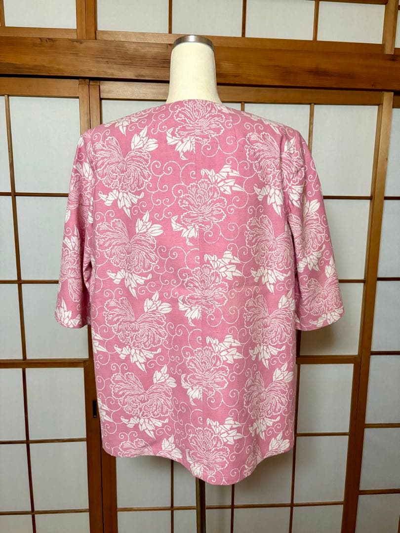 【未使用】坂東京子 和柄 フリーサイズ 柄 ピンクジャケット 半袖