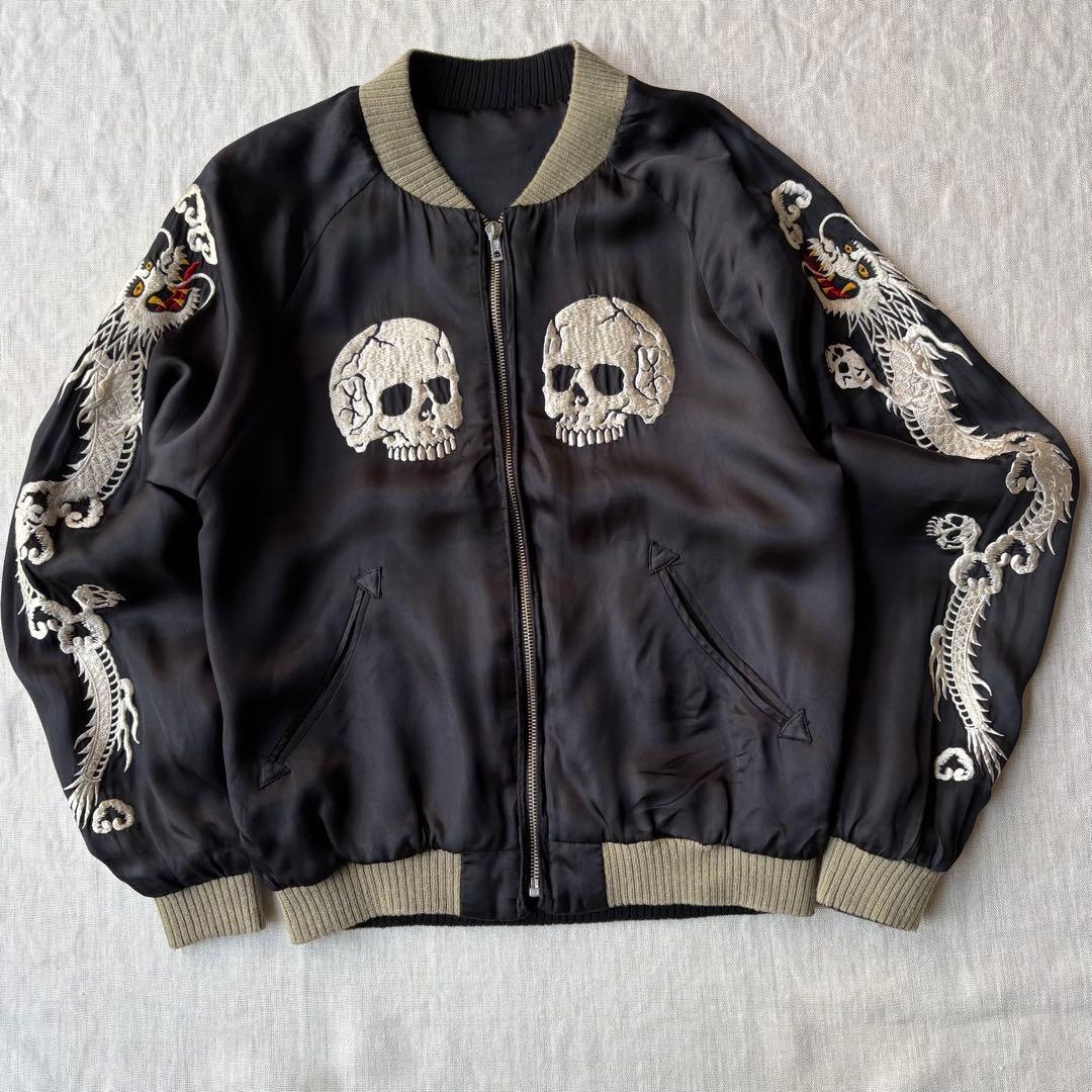 SKULL WORKS スカル 骸骨 龍 刺繍 スカジャン ブラック レーヨン