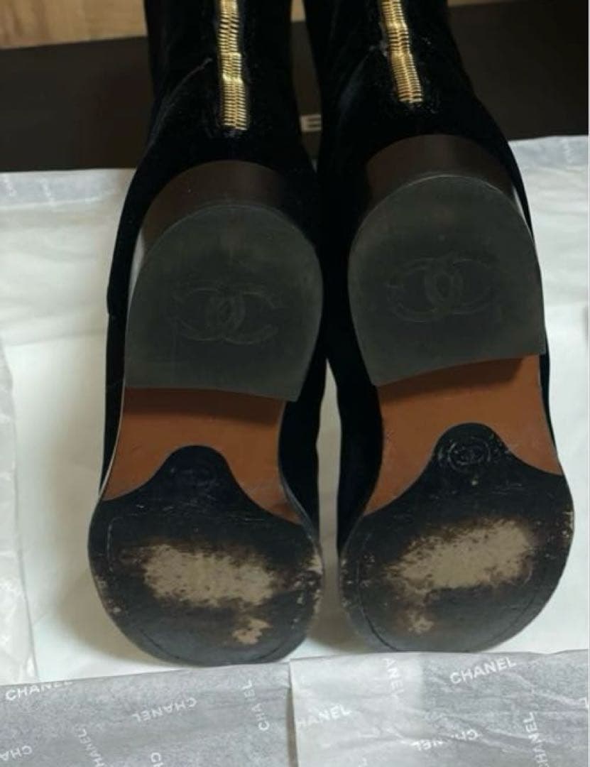 専用◇CHANELシャネルロングブーツベルベットベロアレザーCCロゴ黒本革37