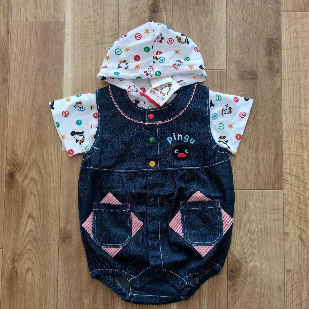 90サイズ　ピングー　フード付Ｔシャツ・デニムカバーオールセット　PINGU
