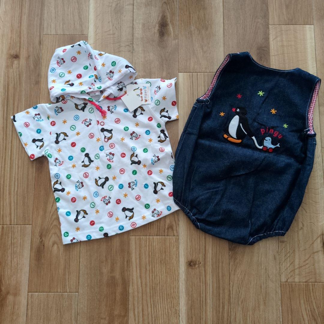 90サイズ　ピングー　フード付Ｔシャツ・デニムカバーオールセット　PINGU