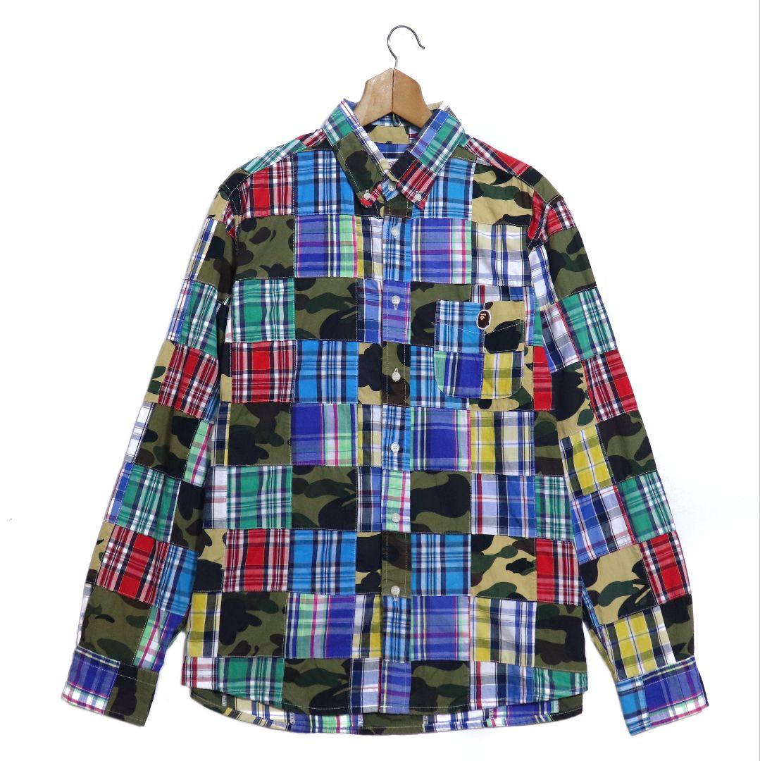 A BATHING APE チェック 迷彩 パッチワーク 長袖シャツ XLサイズ