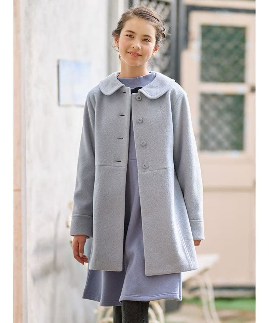 新品 組曲 ウールコート 150-160 ライトグレー系　7449