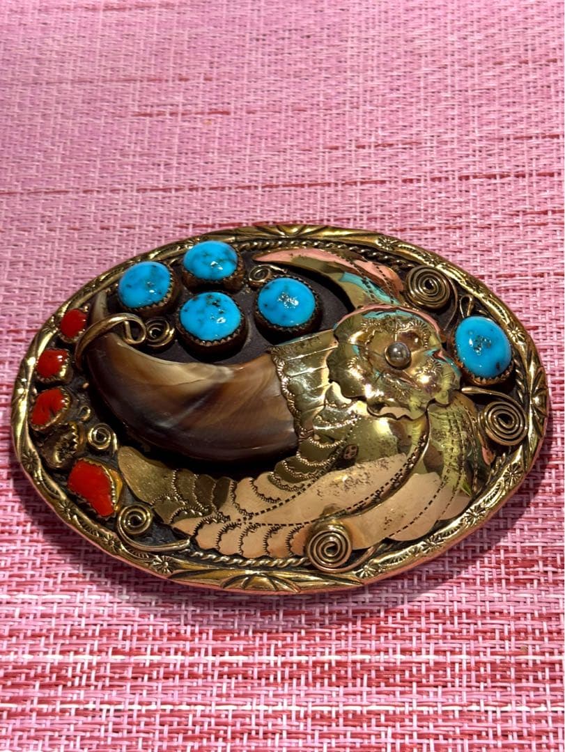 ナホバ•ネイティブアメリカン12KGFバックル•ベアクロウ•ターコイズ•赤珊瑚