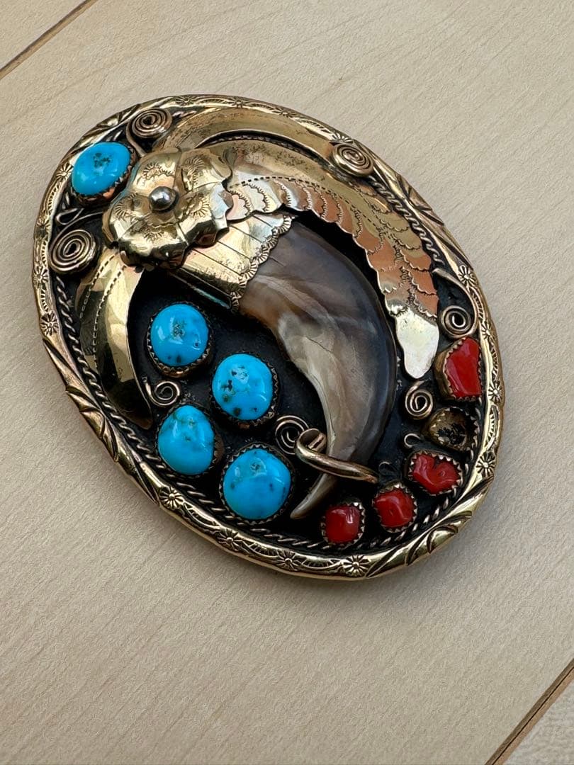 ナホバ•ネイティブアメリカン12KGFバックル•ベアクロウ•ターコイズ•赤珊瑚