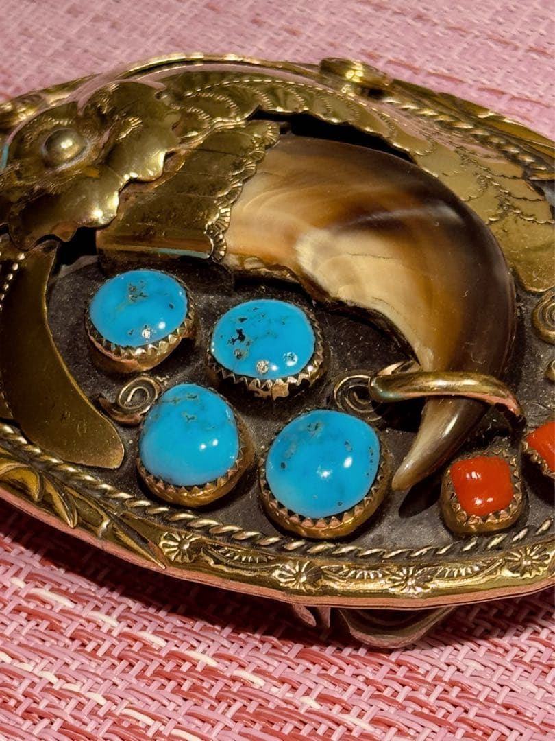 ナホバ•ネイティブアメリカン12KGFバックル•ベアクロウ•ターコイズ•赤珊瑚