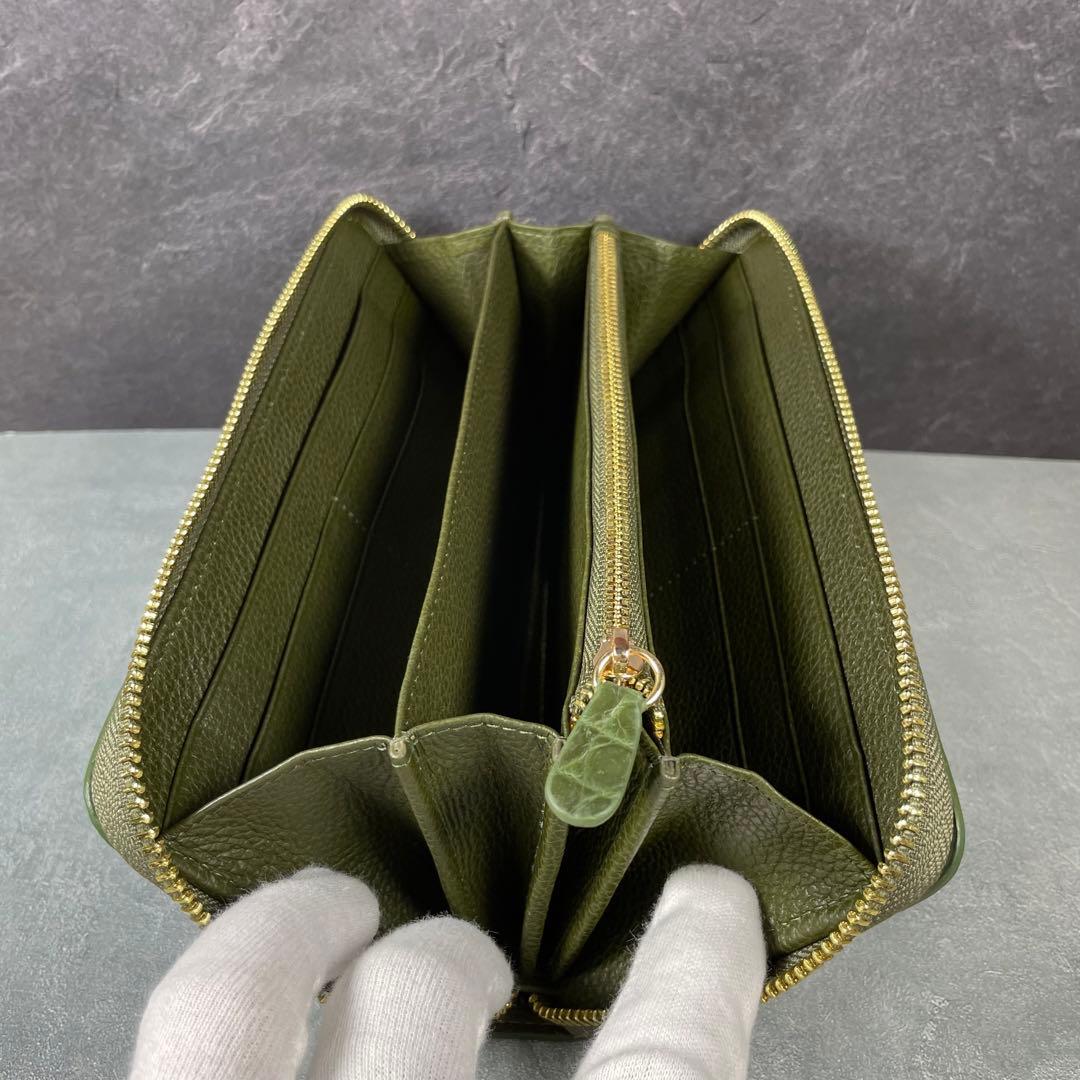新品 クロコダイル 長財布 グリーン オリーブ 緑色 現物撮影 ゴールド