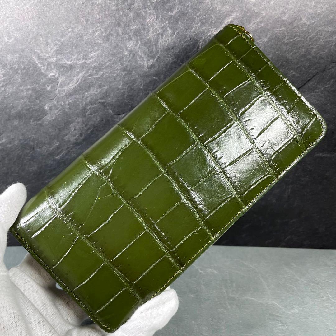 新品 クロコダイル 長財布 グリーン オリーブ 緑色 現物撮影 ゴールド