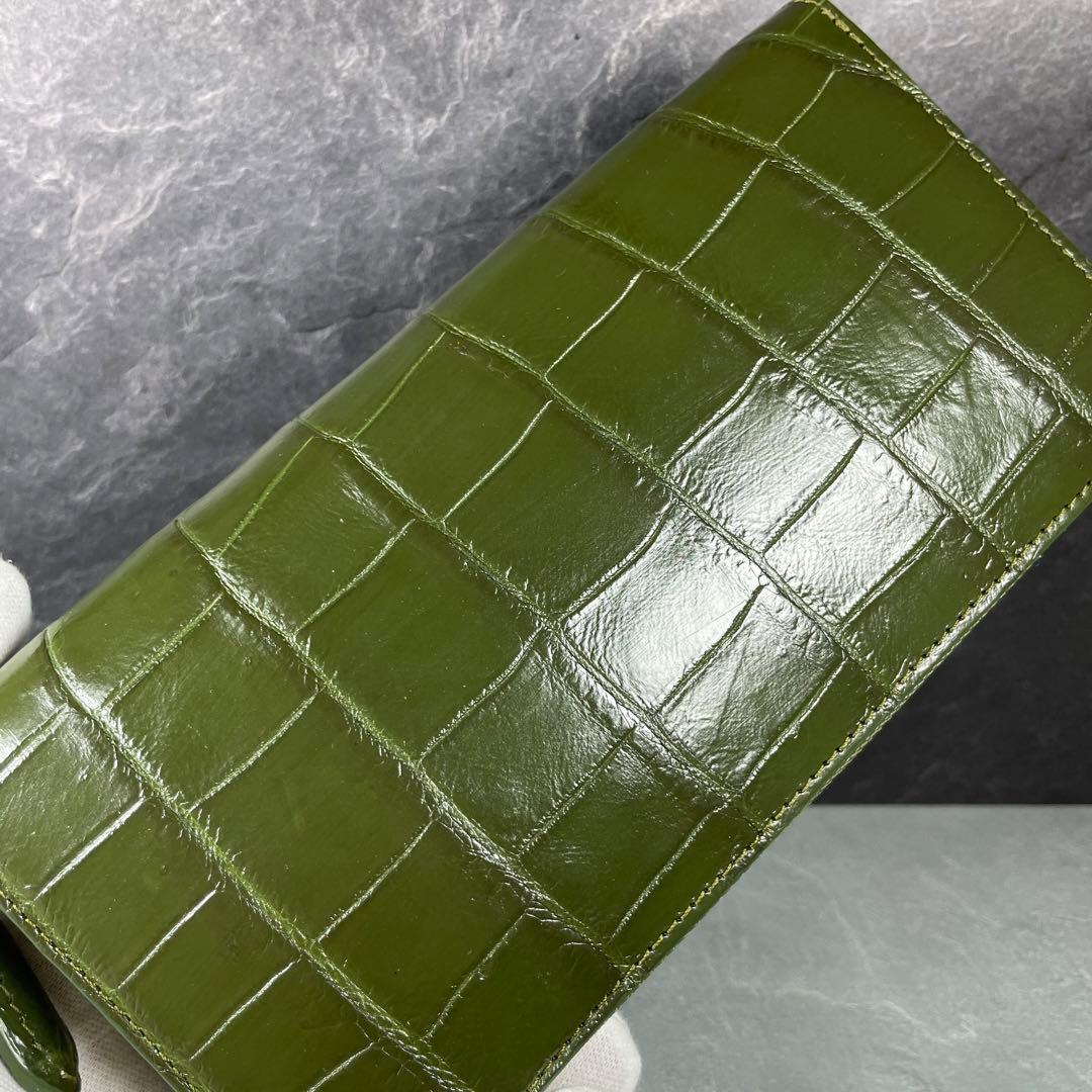 新品 クロコダイル 長財布 グリーン オリーブ 緑色 現物撮影 ゴールド