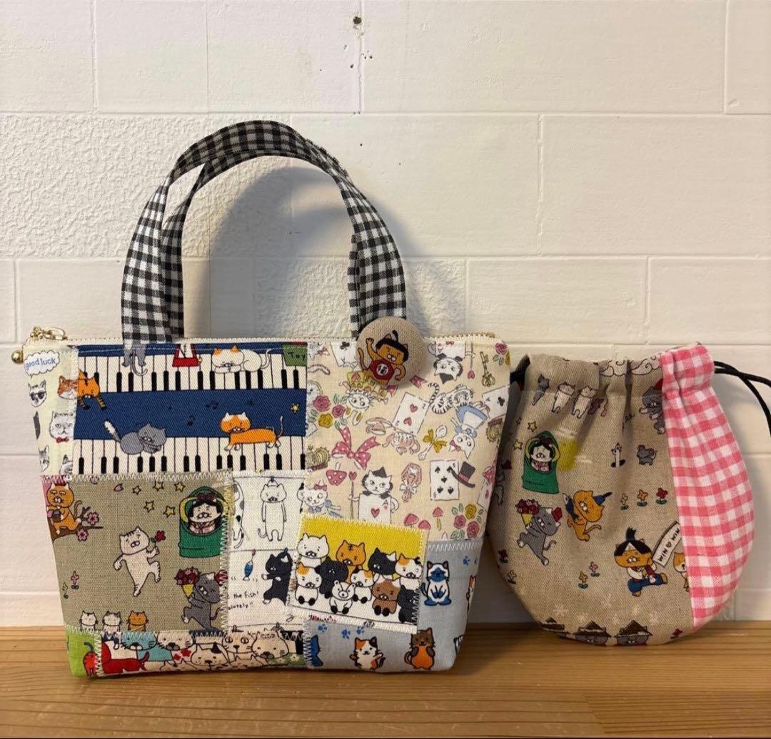 感謝価格　猫柄　パッチワーク　トートバッグ　エコティッシュカバー　巾着