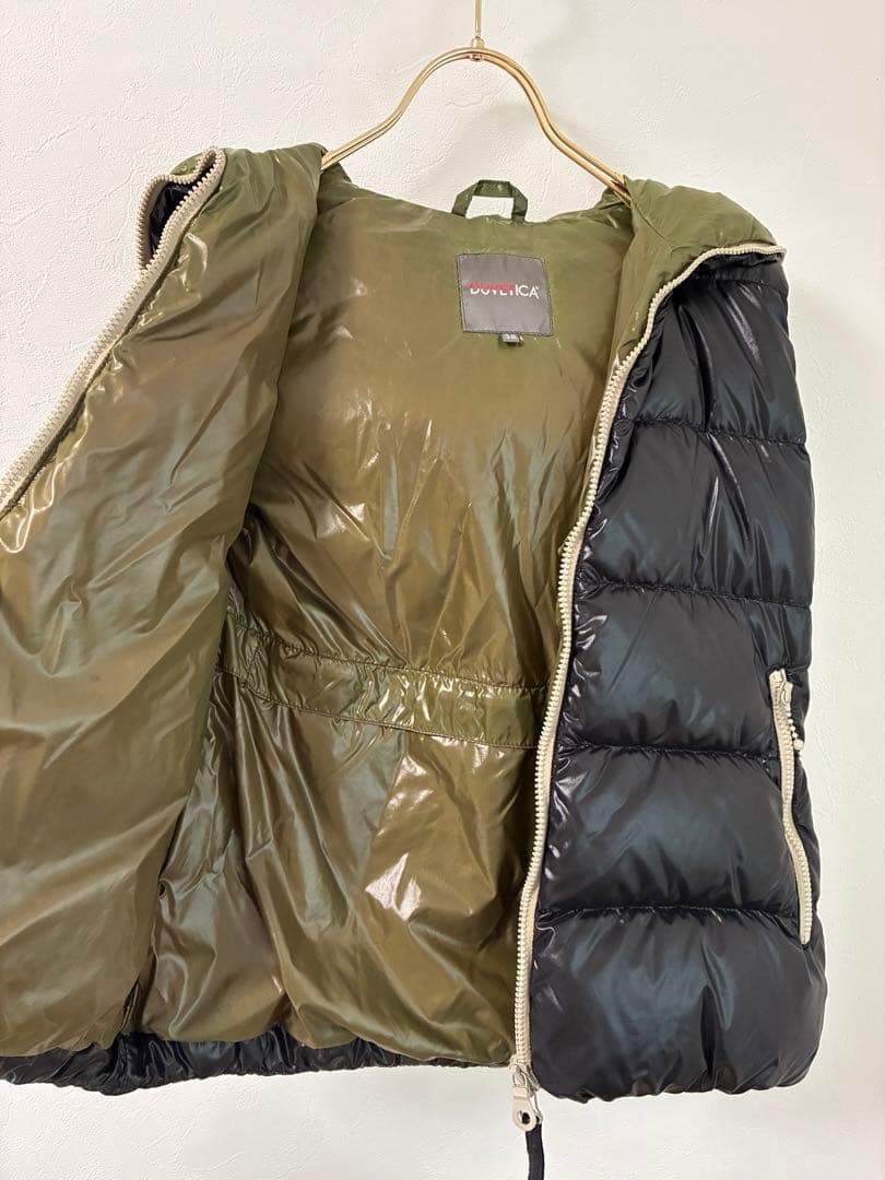 DUVETICA フード付きダウンベスト ブラック/オリーブ 38 ダブルジップ