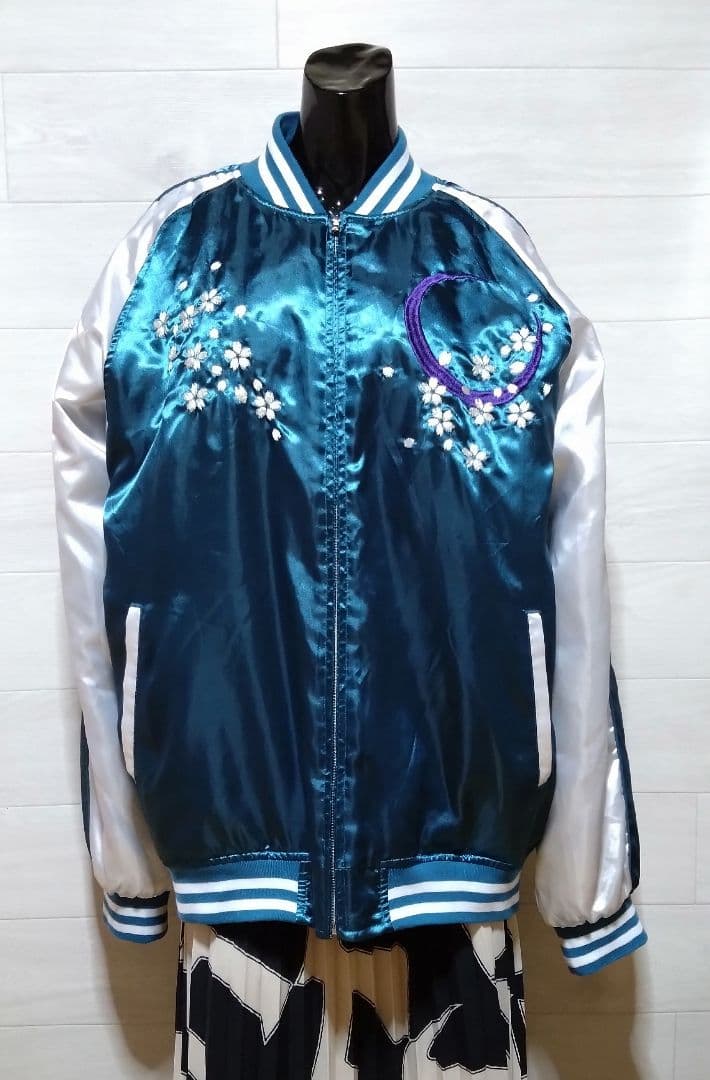 一心如鏡 スカジャン 風神雷神 刺繍 桜 月 和柄 サテン ブルーグリーン 5L