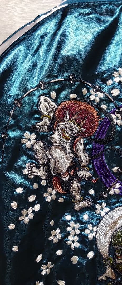 一心如鏡 スカジャン 風神雷神 刺繍 桜 月 和柄 サテン ブルーグリーン 5L