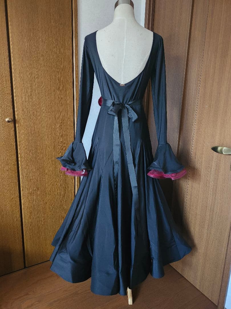 社交ダンス ロングドレス パーティー スタンダード ミニデモ 黒✕‬赤 XL
