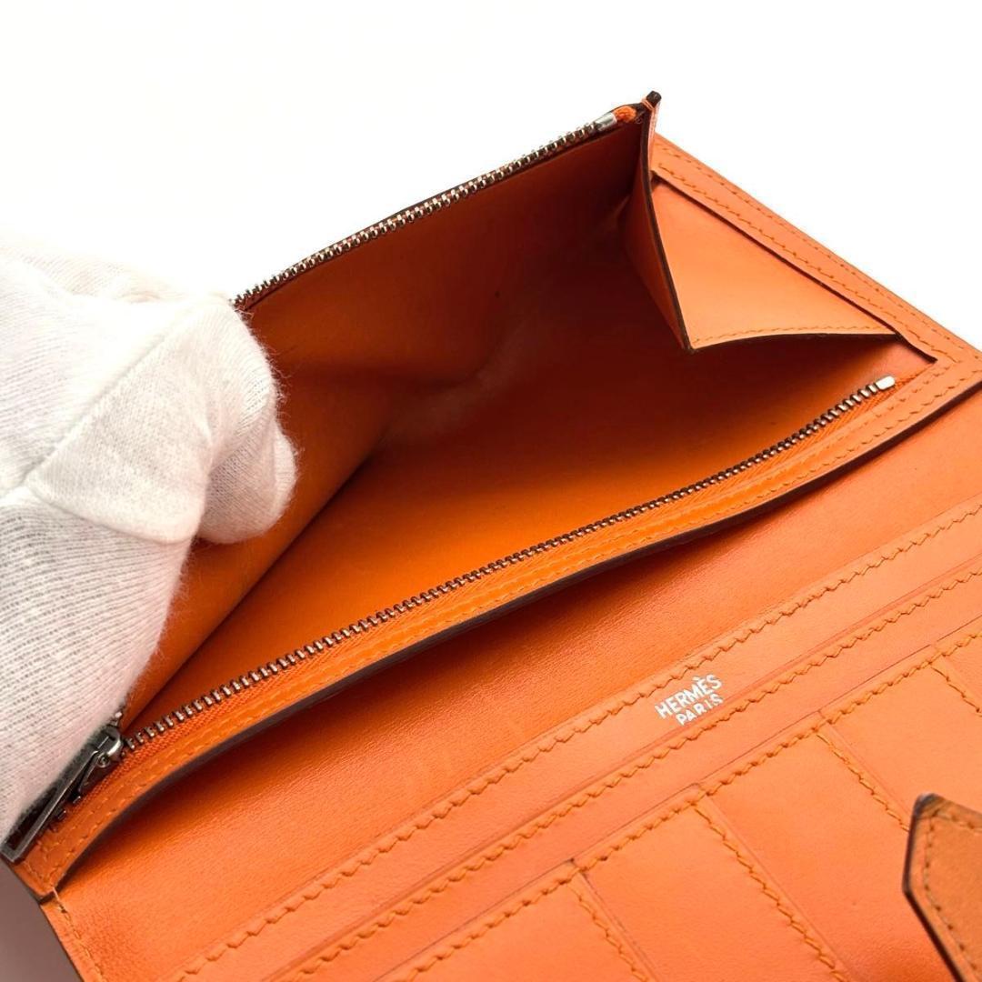 【美品】エルメス ベアン クラシック ボックスカーフ 二つ折り 長財布 オレンジ