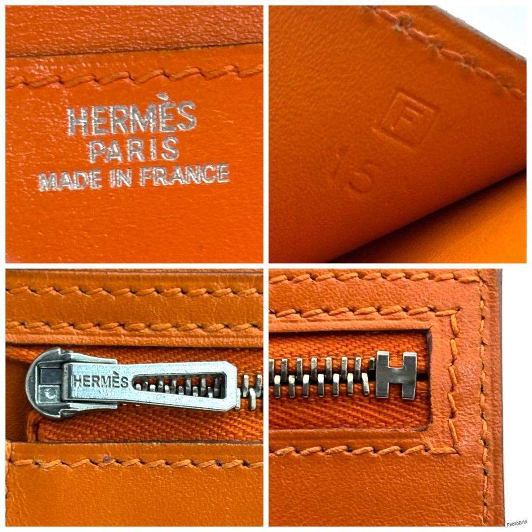 【美品】エルメス ベアン クラシック ボックスカーフ 二つ折り 長財布 オレンジ