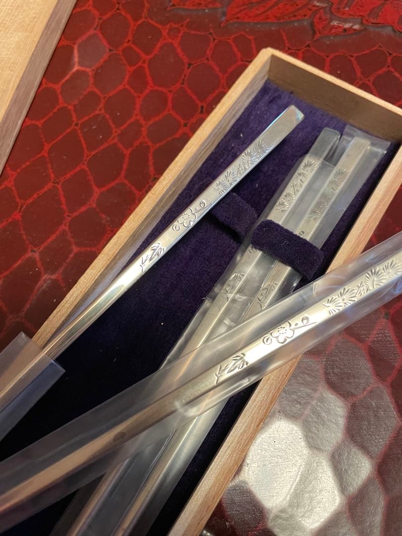 花柄純銀箸セット 木製ボックス付き