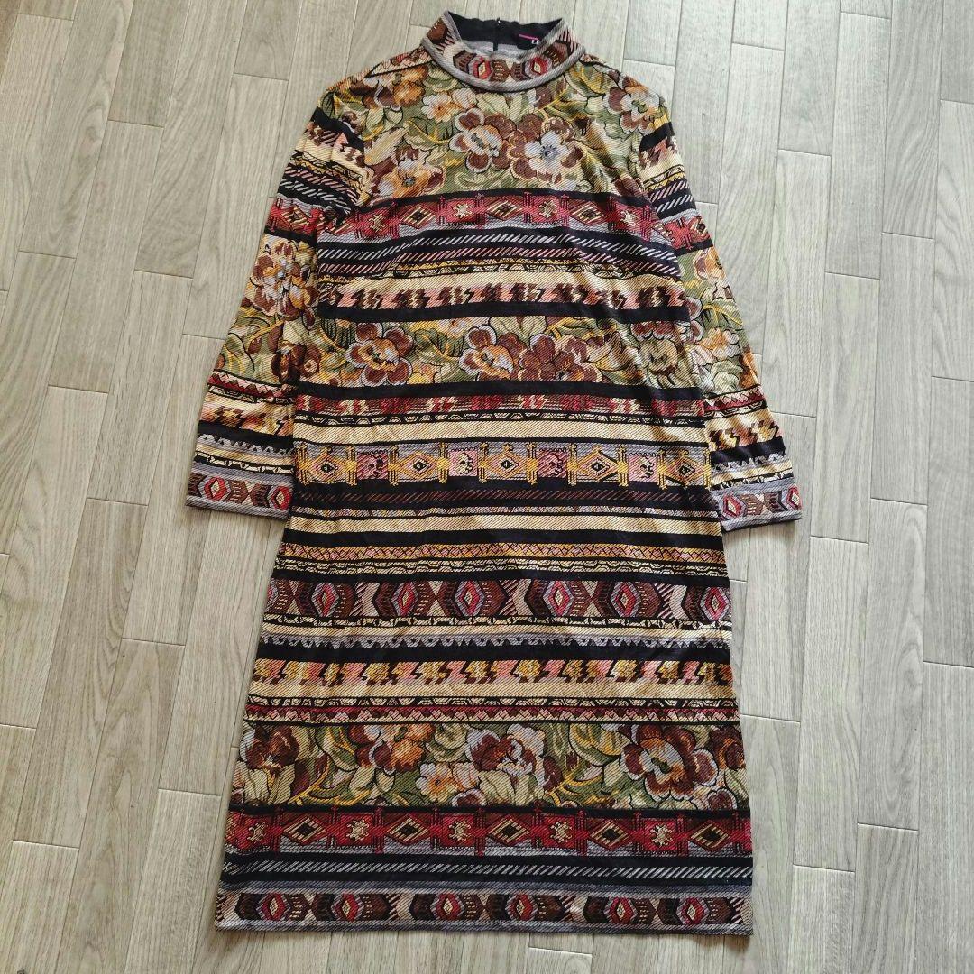 希少 LEONARD モックネック ひざ丈ワンピース ニット 総柄 LL