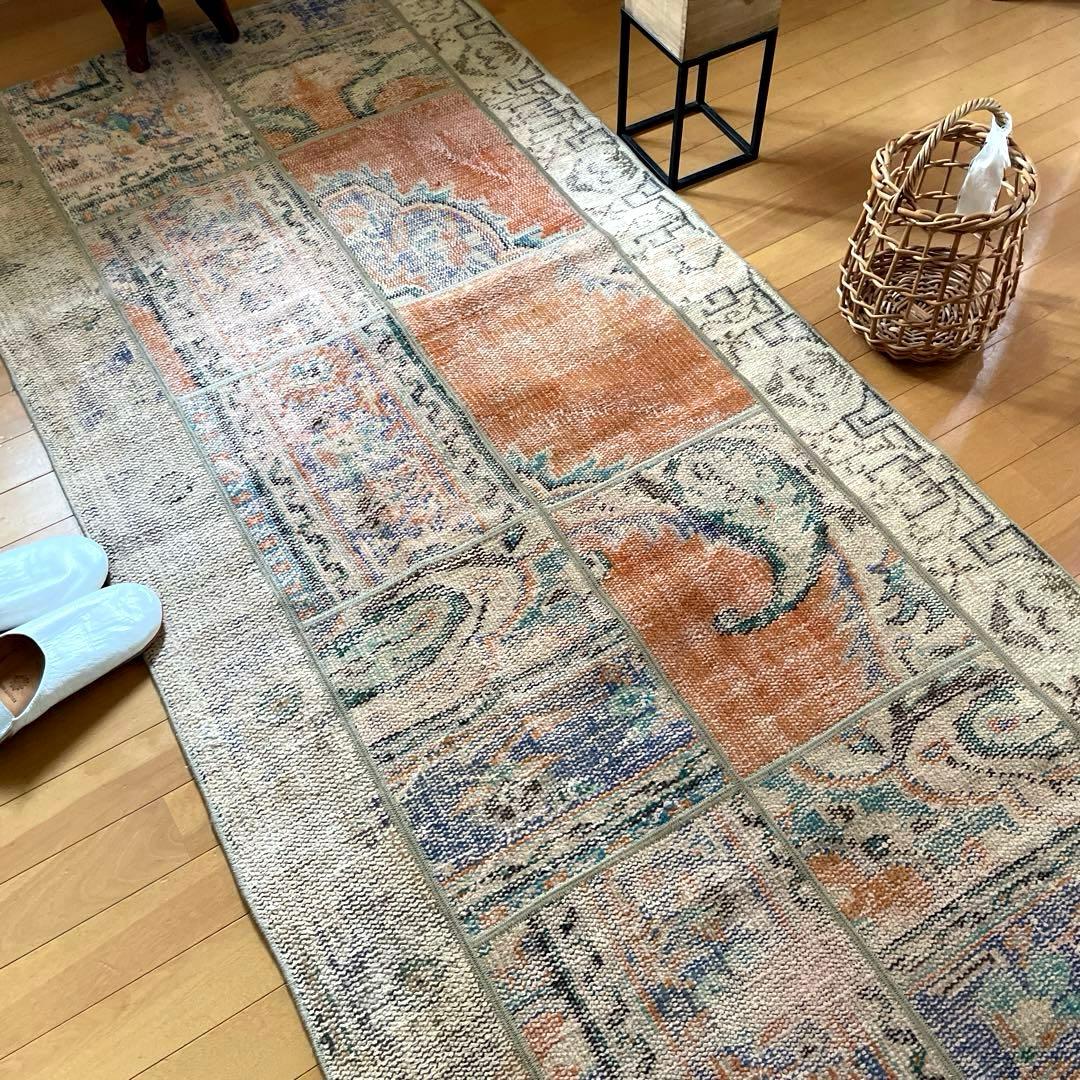 91×191優しいオレンジカラー　パッチワーク　トルコヴィンテージラグ